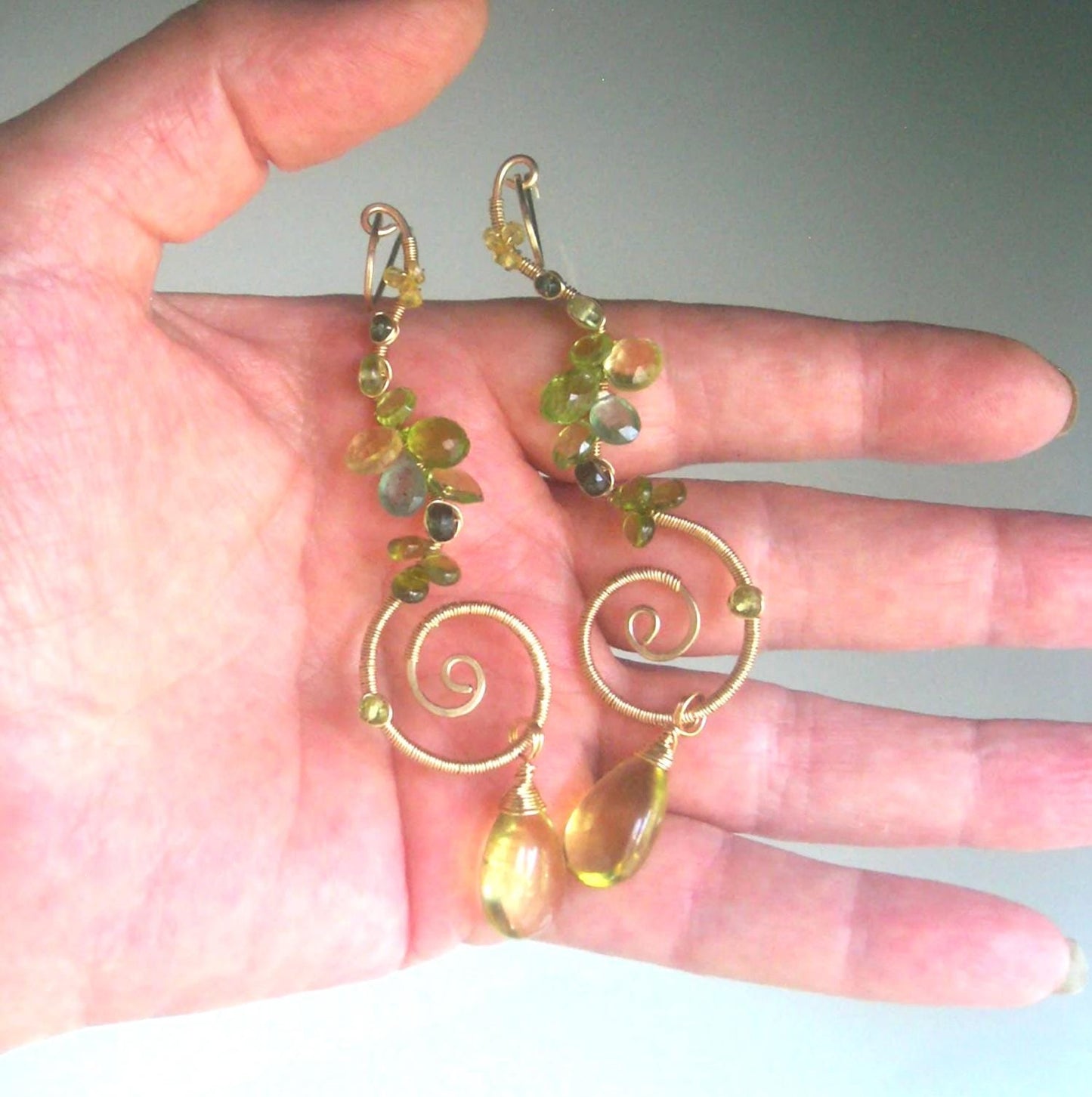 Sculptural Apatite Lemon Quartz Gold Filled Spiral Earrings