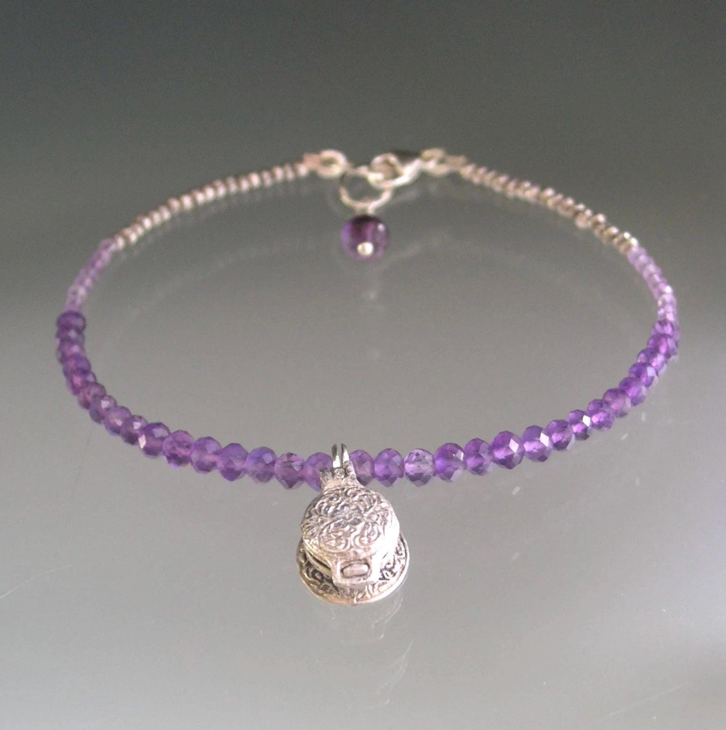 Amethyst Bracelet w/ Vintage Sterling Opening Waffle Iron Charm