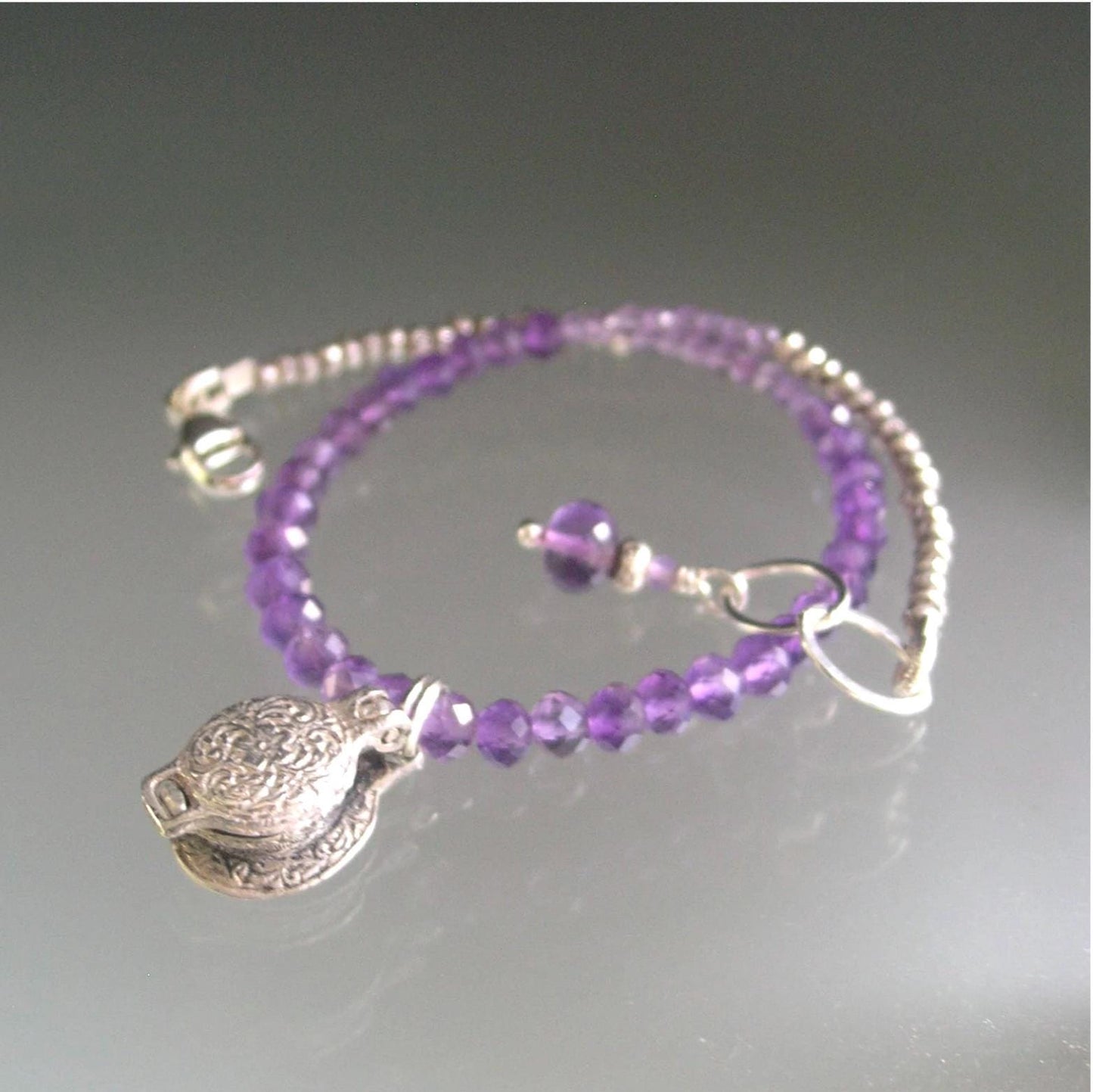 Amethyst Bracelet w/ Vintage Sterling Opening Waffle Iron Charm
