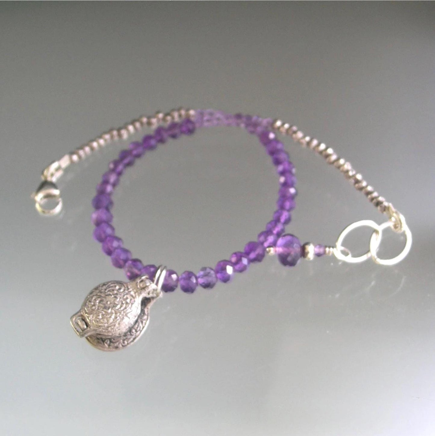 Amethyst Bracelet w/ Vintage Sterling Opening Waffle Iron Charm