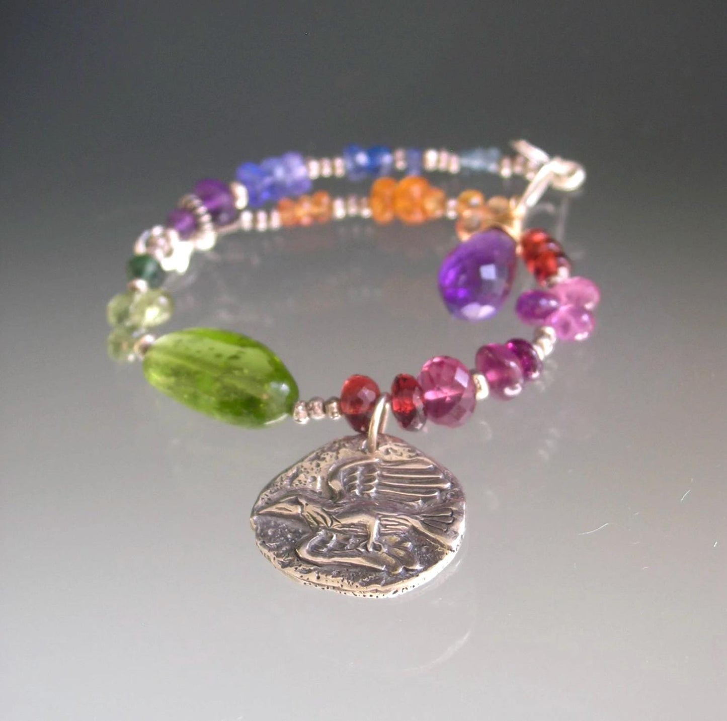 Bird Charm Multi Gemstone Sterling Silver Bracelet