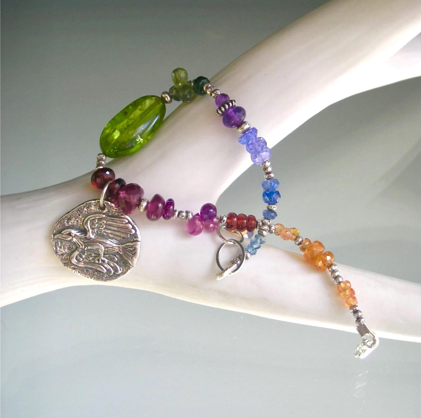 Bird Charm Multi Gemstone Sterling Silver Bracelet