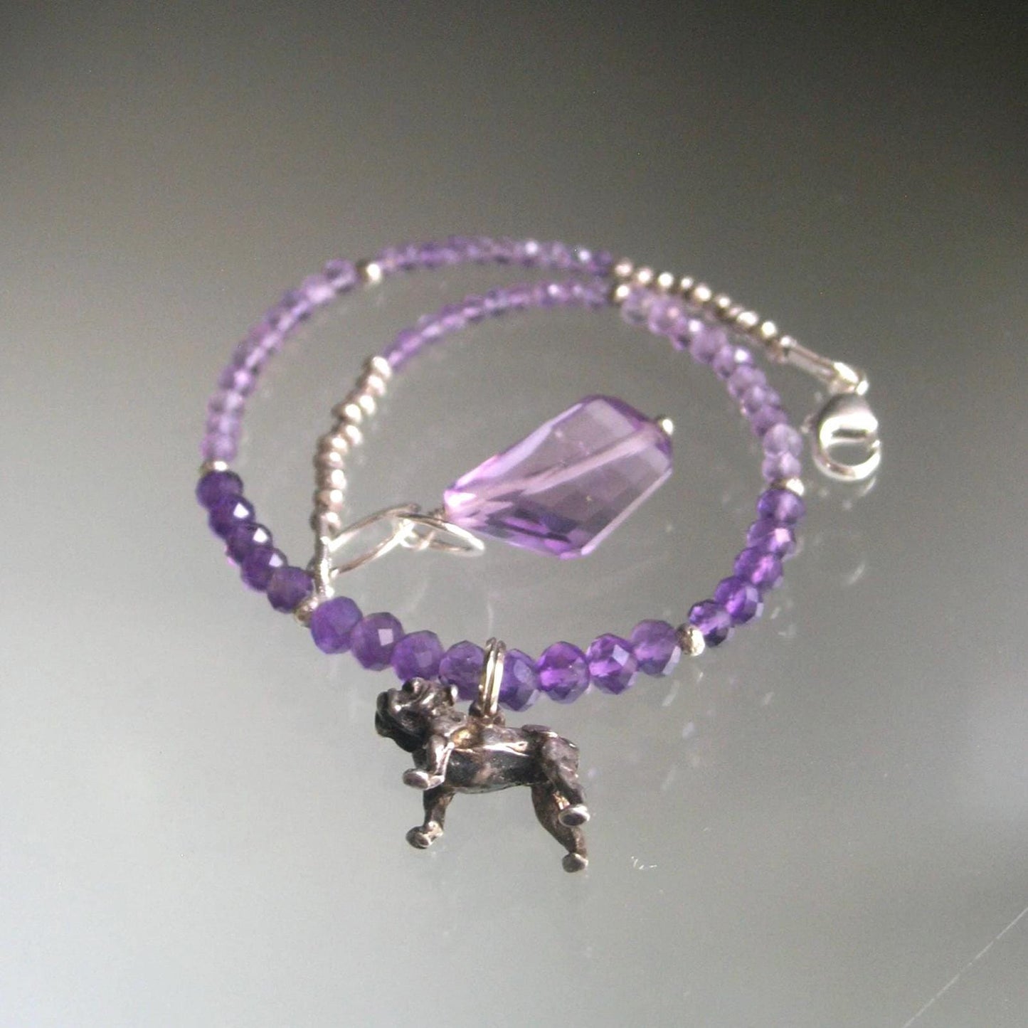 Amethyst Beaded Bracelet w/ Vintage Sterling Silver Bulldog Charm