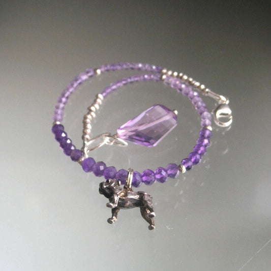Amethyst Beaded Bracelet w/ Vintage Sterling Silver Bulldog Charm