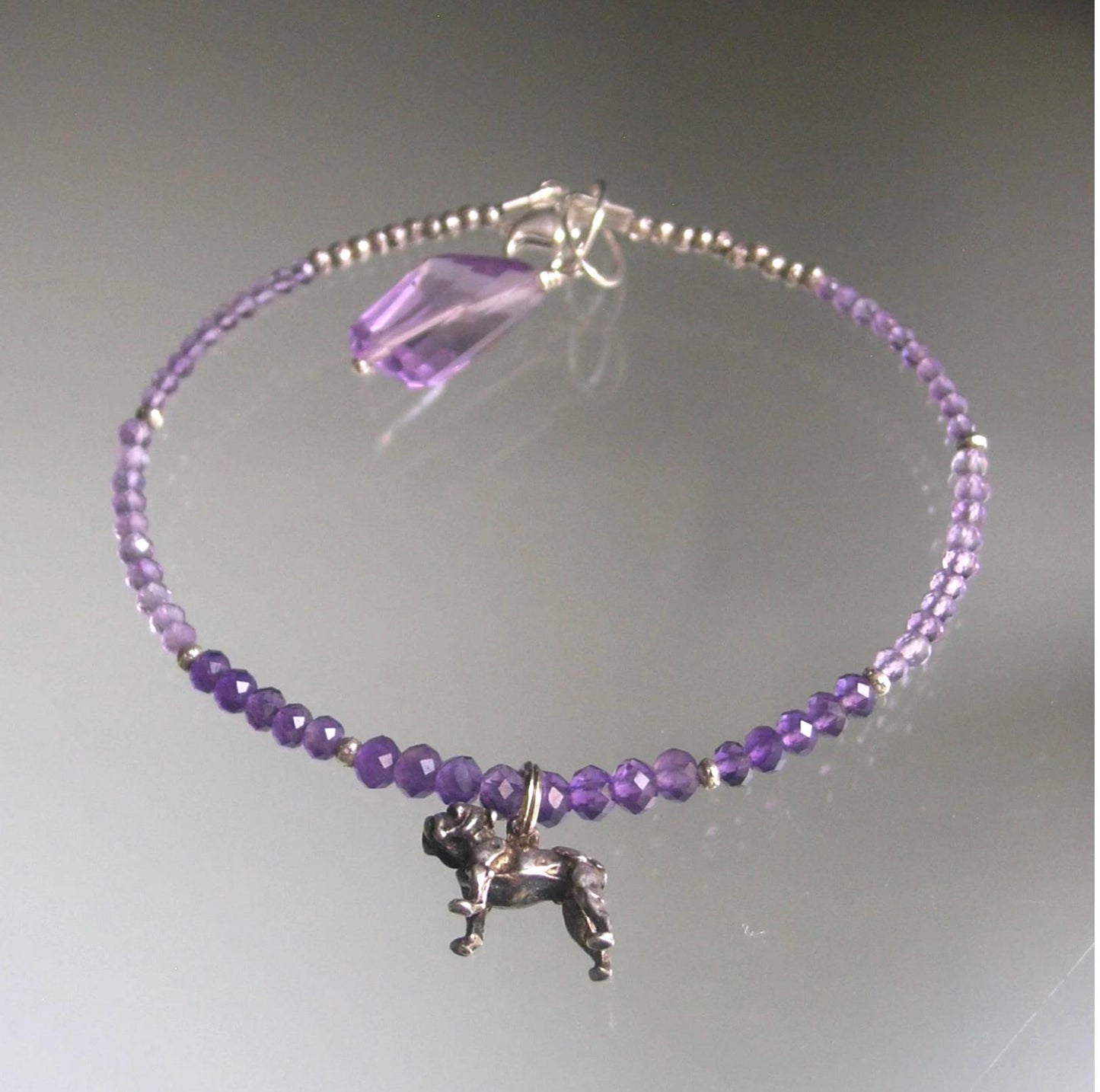Amethyst Beaded Bracelet w/ Vintage Sterling Silver Bulldog Charm
