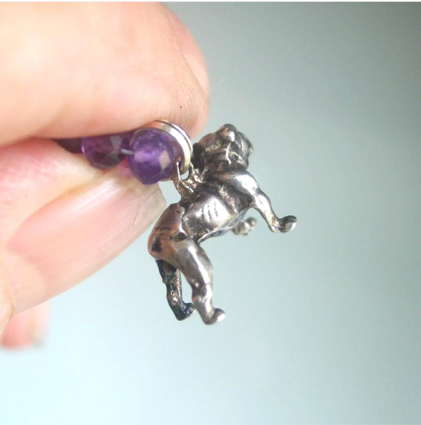 Amethyst Beaded Bracelet w/ Vintage Sterling Silver Bulldog Charm