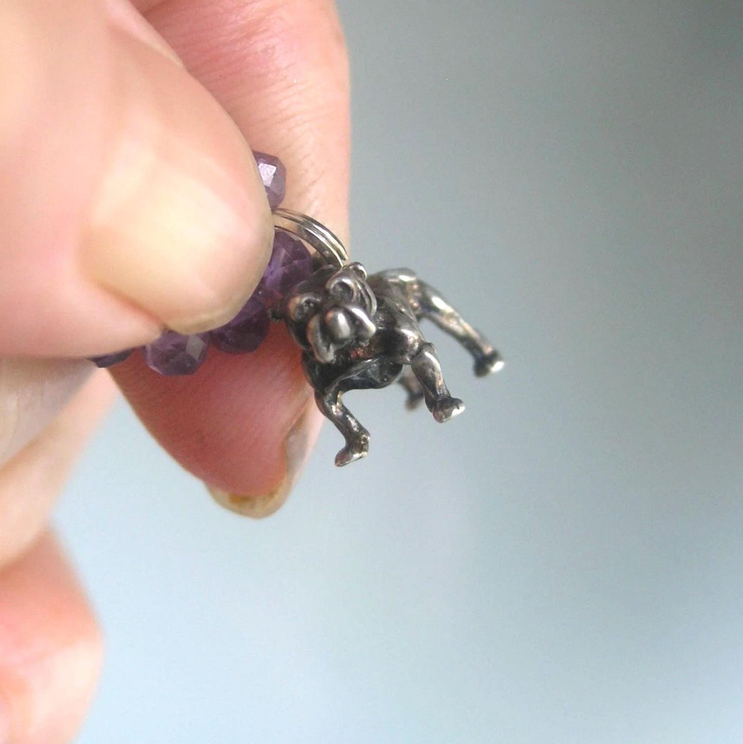 Amethyst Beaded Bracelet w/ Vintage Sterling Silver Bulldog Charm