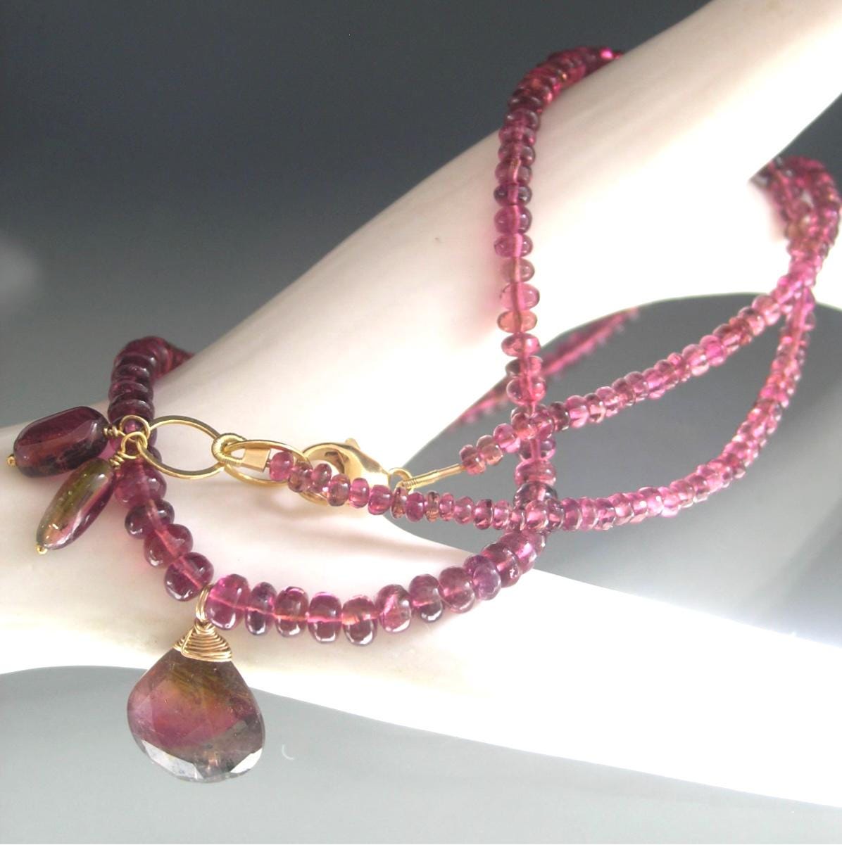 Pink Tourmaline Necklace w/ Tri Color Tourmaline Pendant