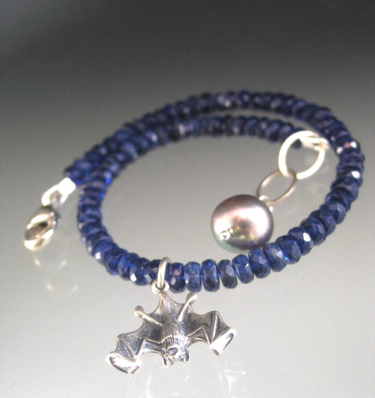Kyanite Bracelet w/ Vintage Sterling Detailed Bat Charm
