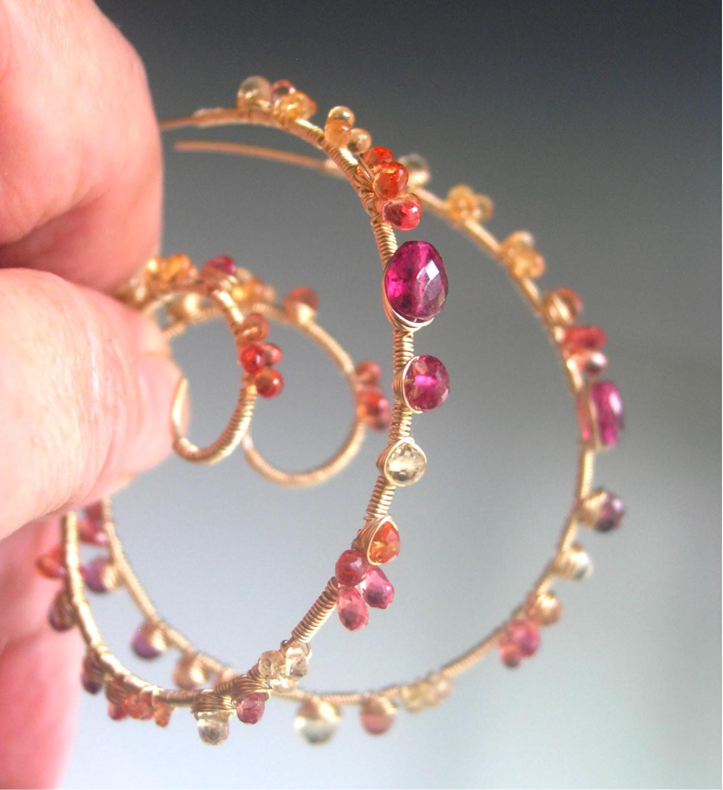 Sapphire Multi Gemstone 14k Gold Filled Spiral Earrings 2”