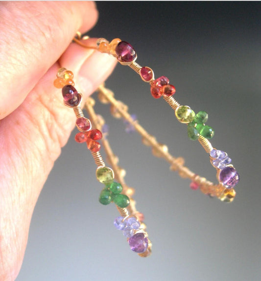Rainbow Gemstone 14k Gold Filled Hoop Earrings 2 1/8”