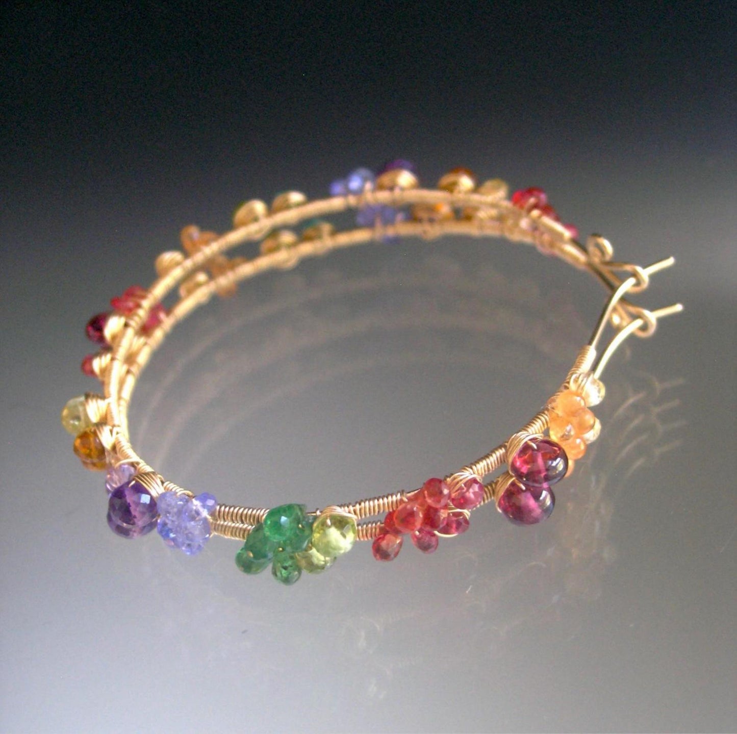Rainbow Gemstone 14k Gold Filled Hoop Earrings 2 1/8”