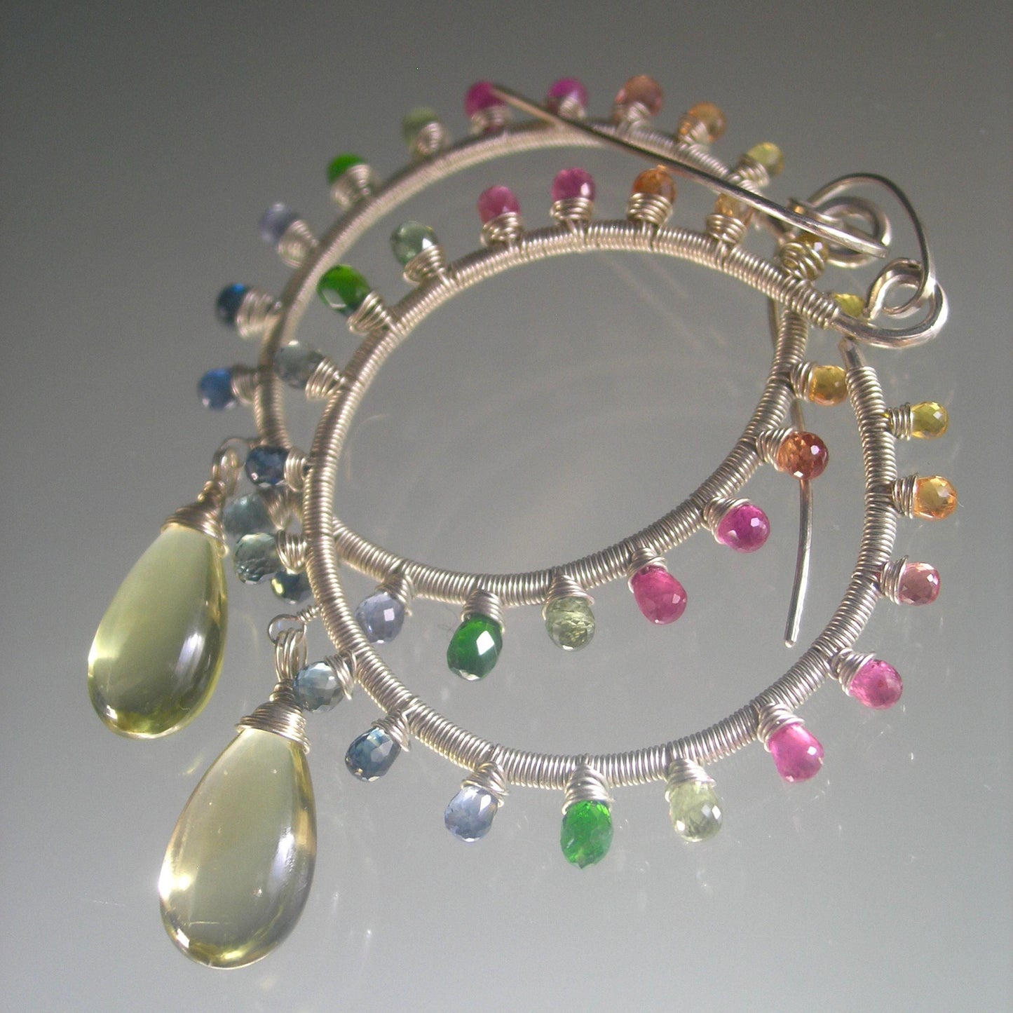 Multi Sapphire Sunburst Sterling Silver Hoops