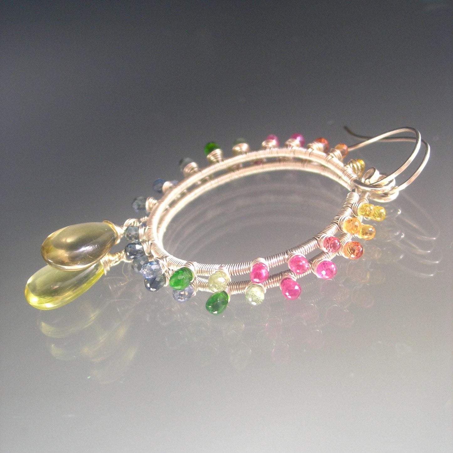 Multi Sapphire Sunburst Sterling Silver Hoops