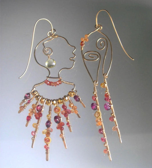 Asymmetrical Face Profile Earrings 14k Gold Filled  4 1/8” Long