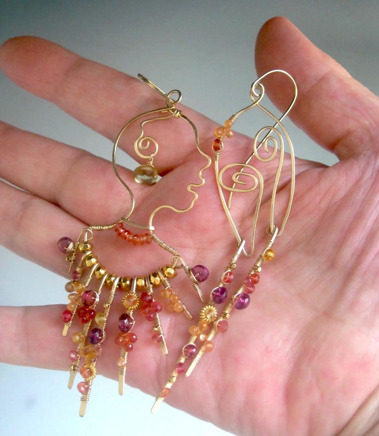 Asymmetrical Face Profile Earrings 14k Gold Filled  4 1/8” Long