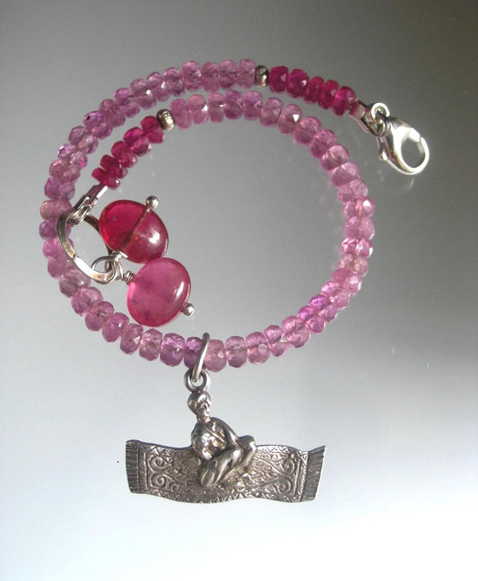 Pink Sapphire Bracelet w/ Vintage 3-D Man on Magic Flying Carpet Charm