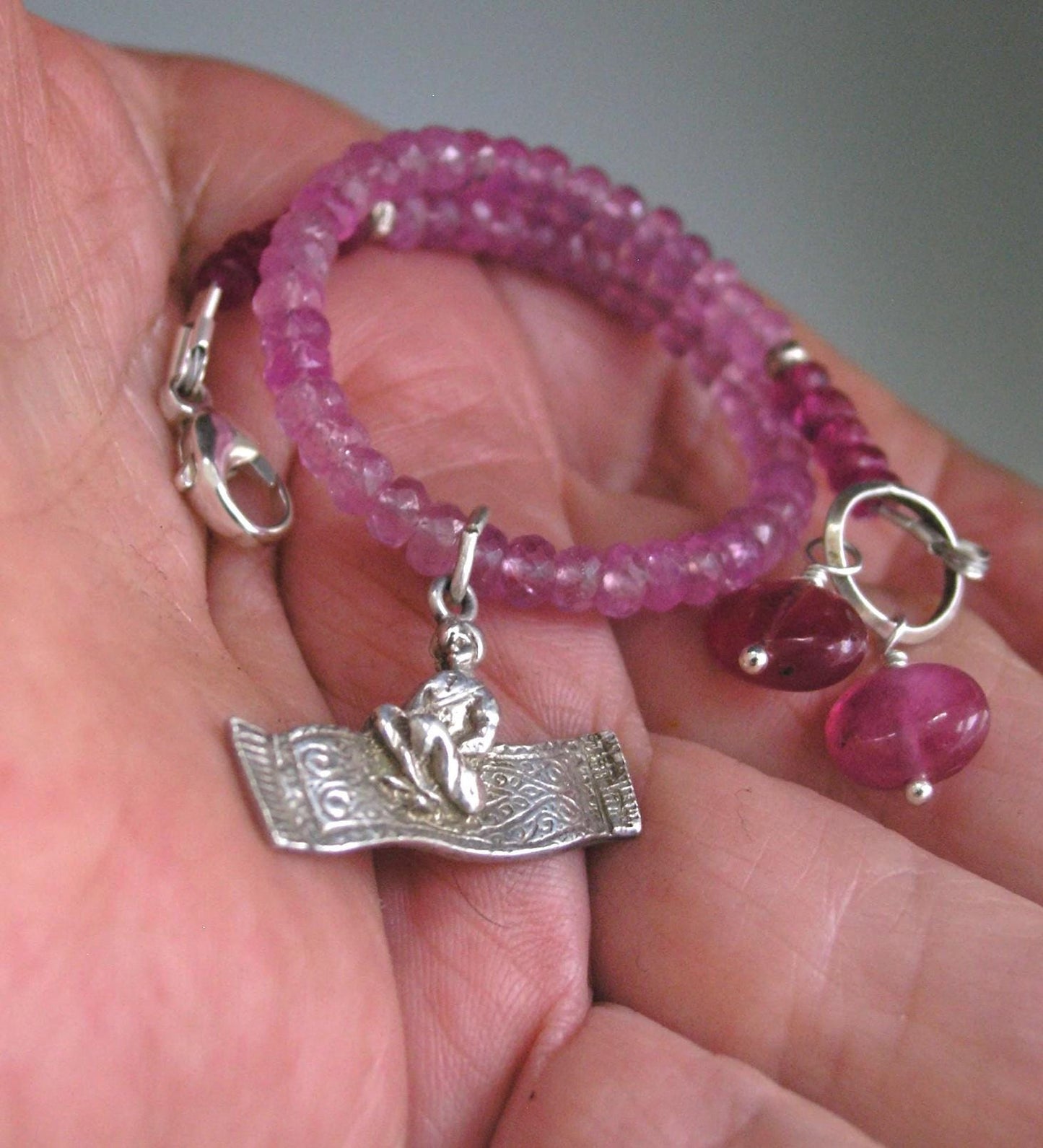 Pink Sapphire Bracelet w/ Vintage 3-D Man on Magic Flying Carpet Charm