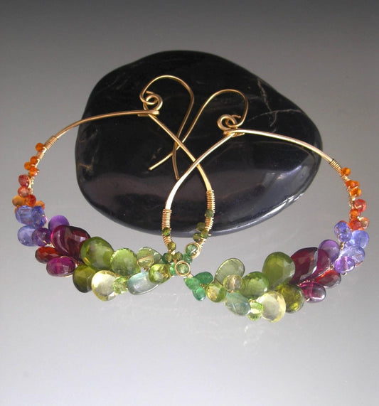 Multi Gemstone Rainbow Hoops  14k Gold Fill 2 1/2”