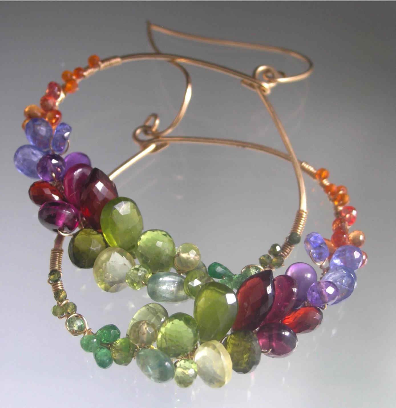 Multi Gemstone Rainbow Hoops  14k Gold Fill 2 1/2”