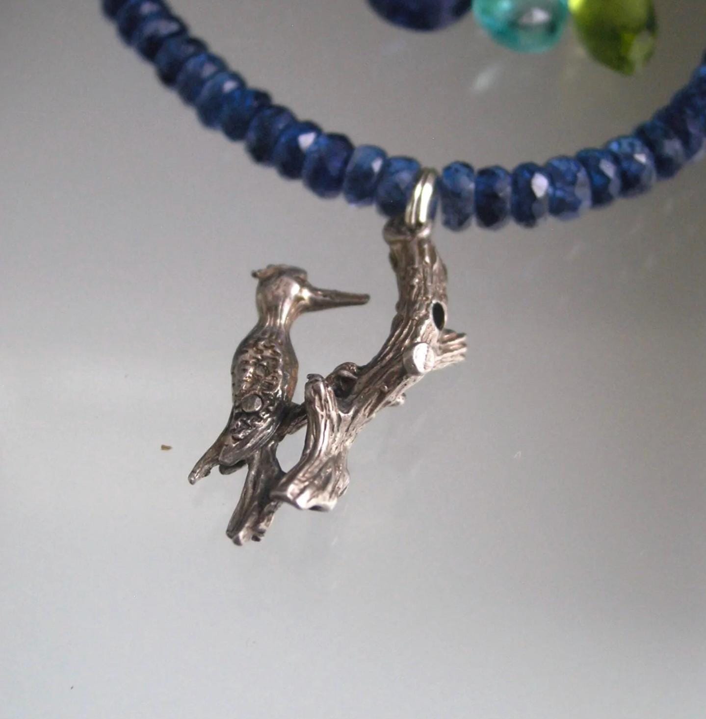 Kyanite Bracelet w/ Vintage Movable Sterling Woodpecker Charm