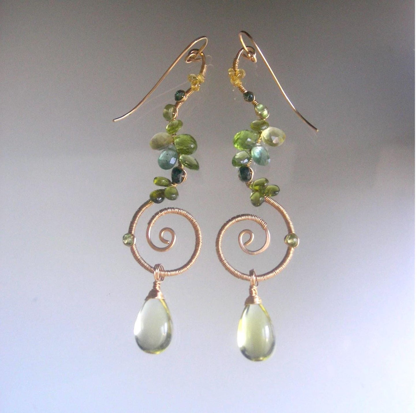 Sculptural Apatite Lemon Quartz Gold Filled Spiral Earrings