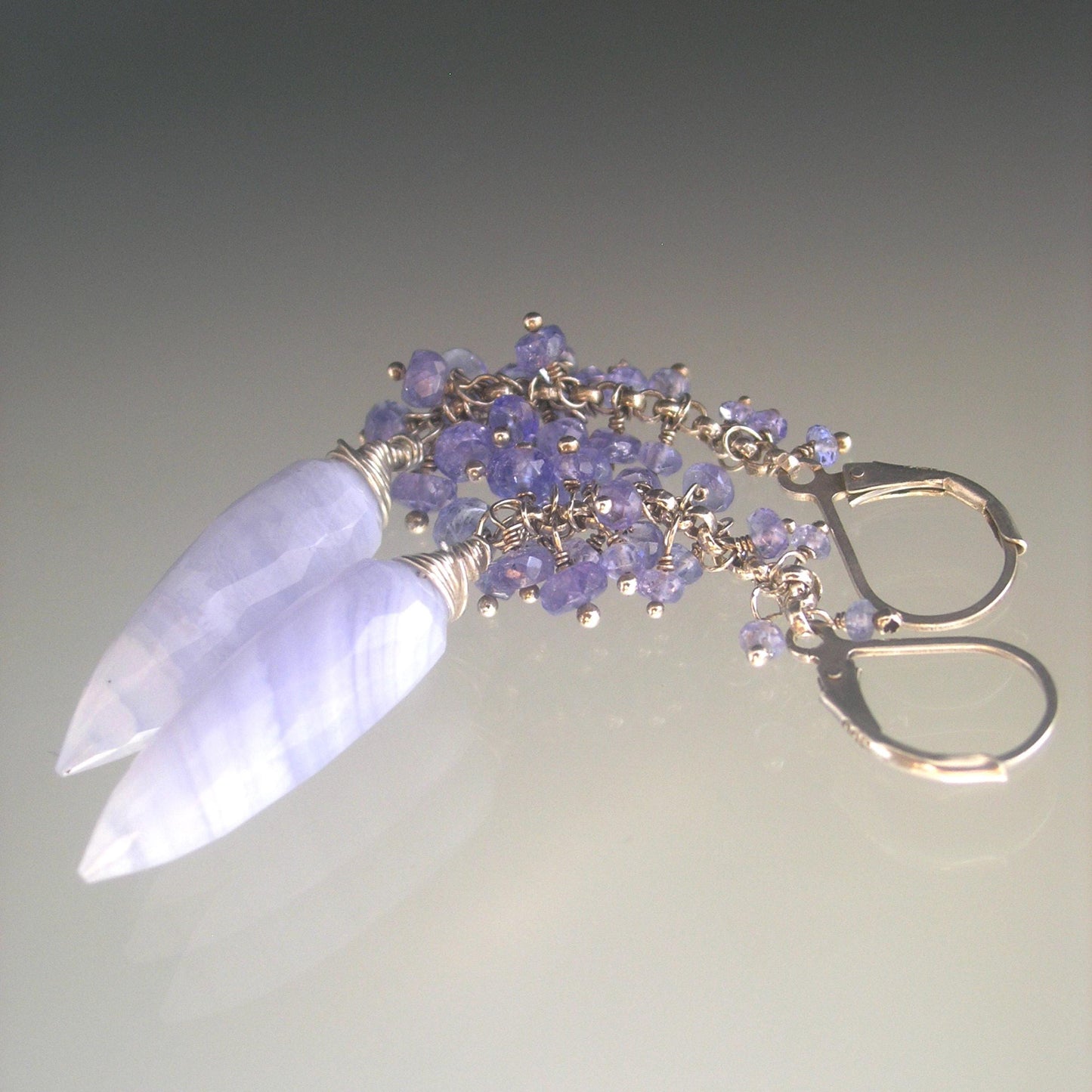 Blue Lace Agate Tassel Earrings w/ Tanzanite Sterling Silver Lever Backs