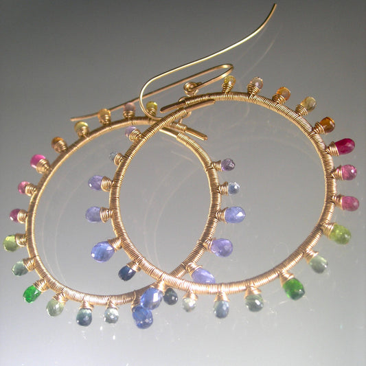 Rainbow Sunburst Gemstone Hoops 14k Gold Filled
