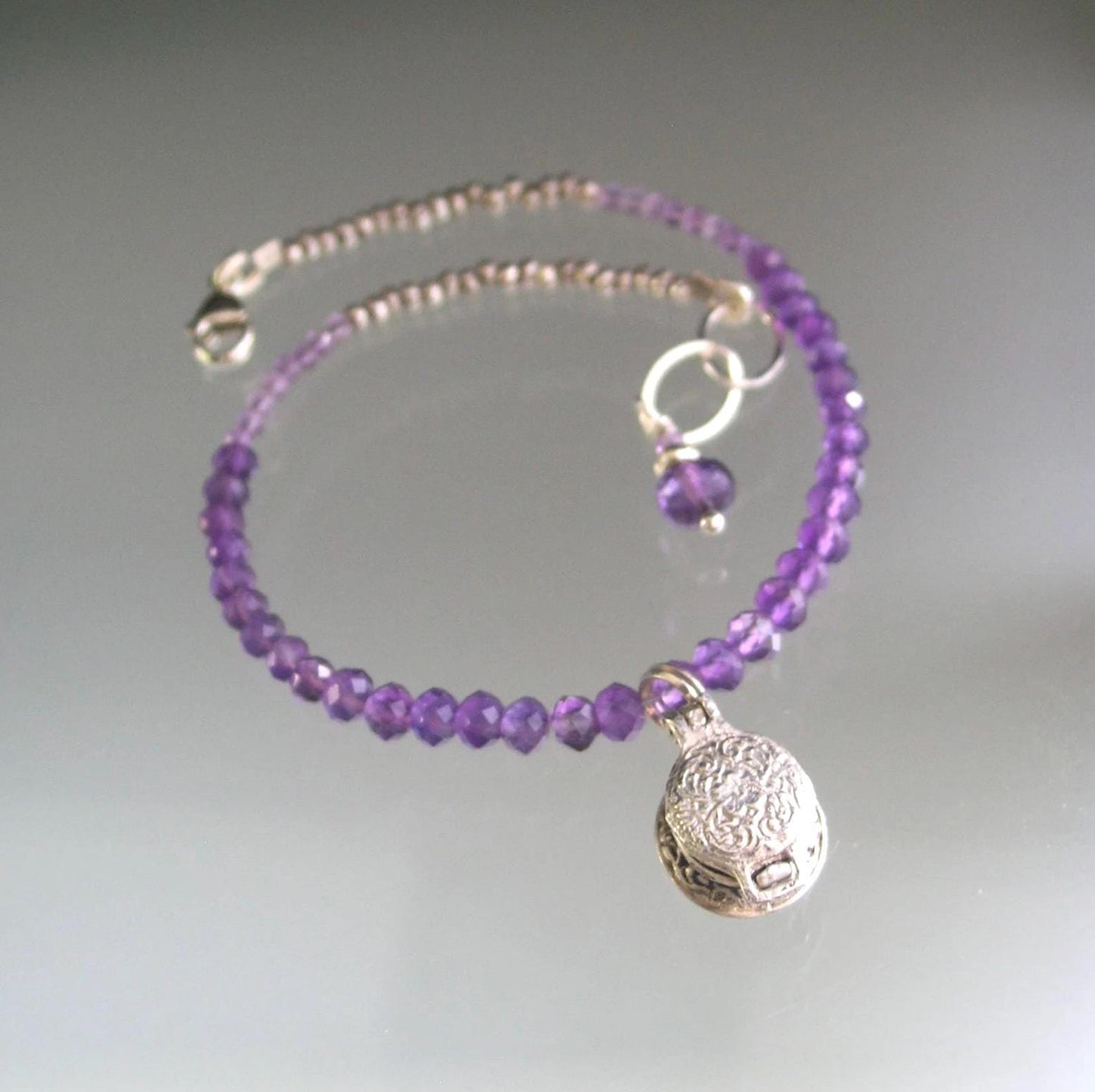 Amethyst Bracelet w/ Vintage Sterling Opening Waffle Iron Charm