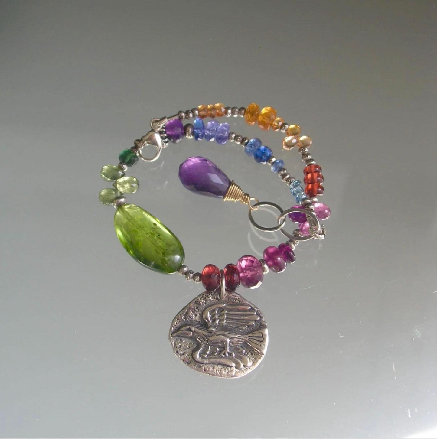 Bird Charm Multi Gemstone Sterling Silver Bracelet