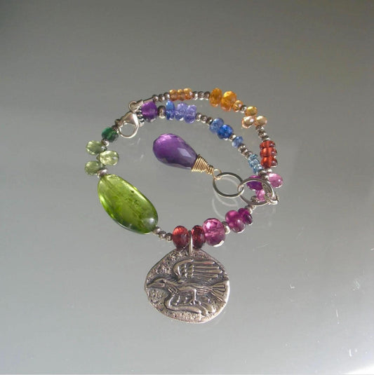 Bird Charm Multi Gemstone Sterling Silver Bracelet