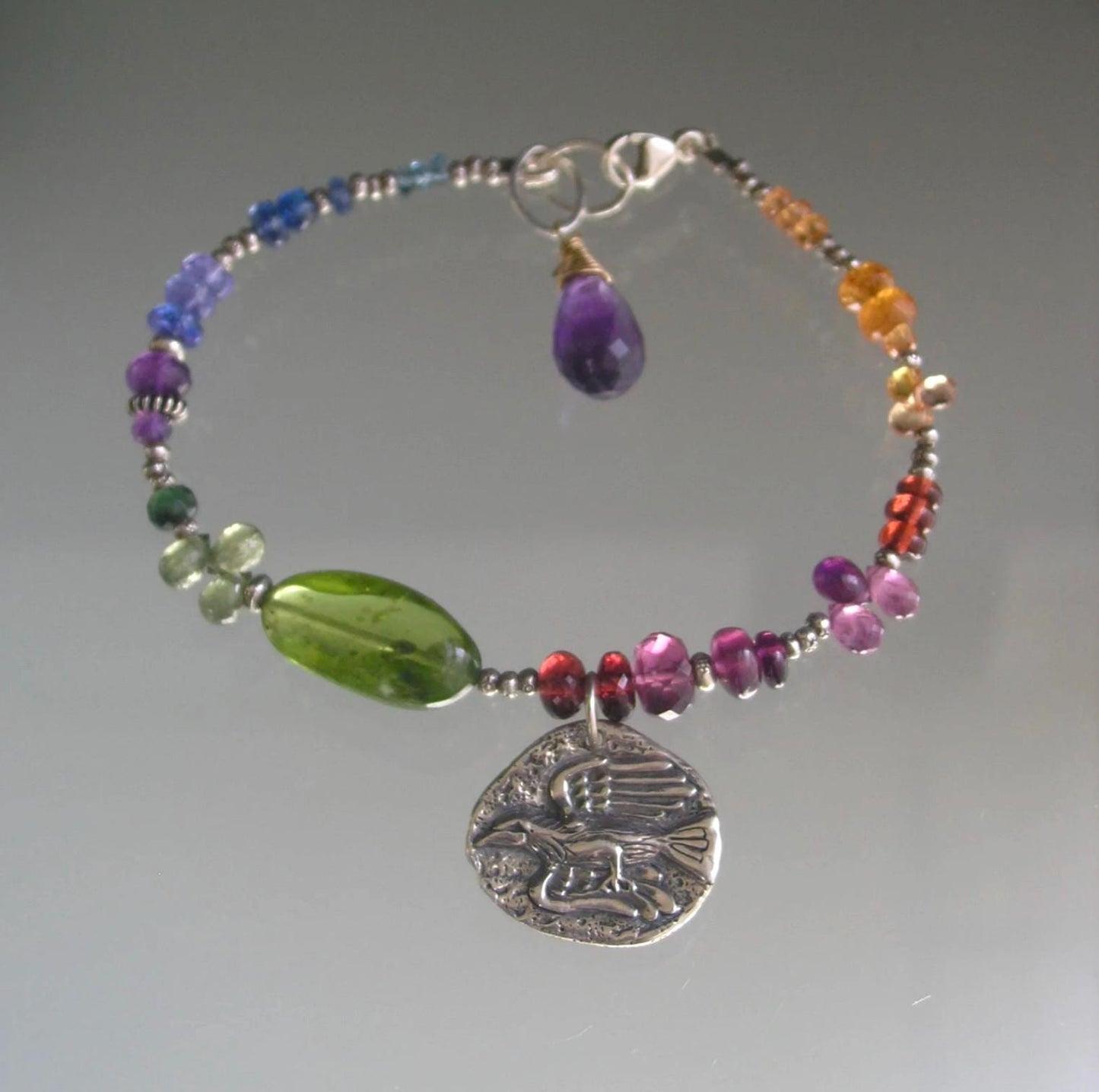 Bird Charm Multi Gemstone Sterling Silver Bracelet