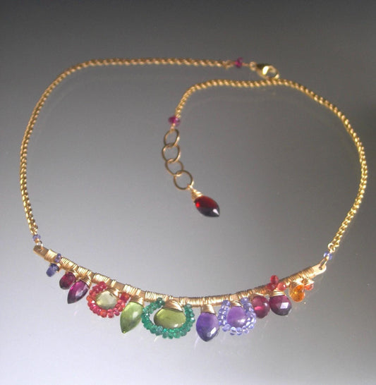 Multi Gemstone 14k Gold Filled Curved Bar Garland Necklace