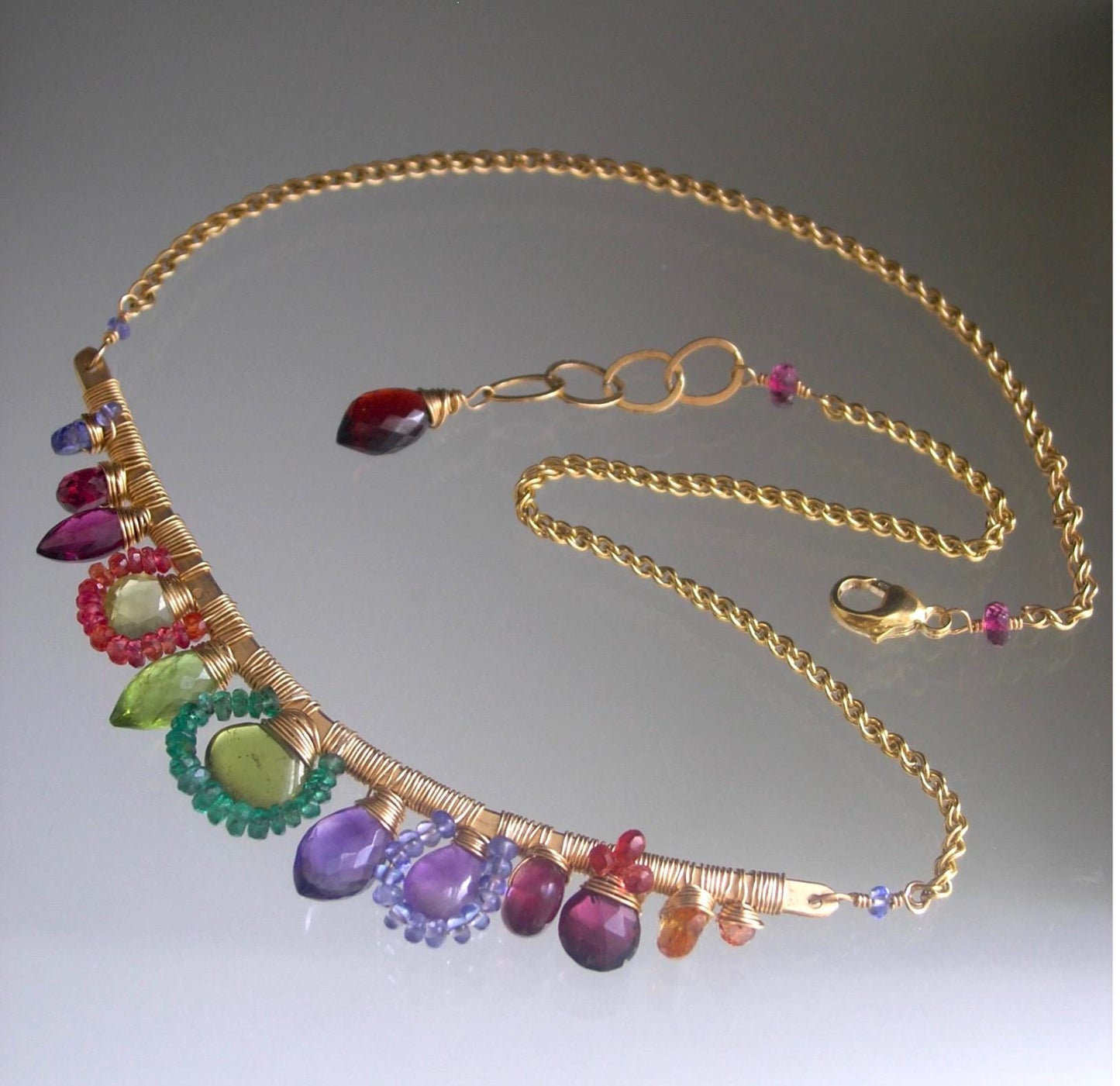 Multi Gemstone 14k Gold Filled Curved Bar Garland Necklace