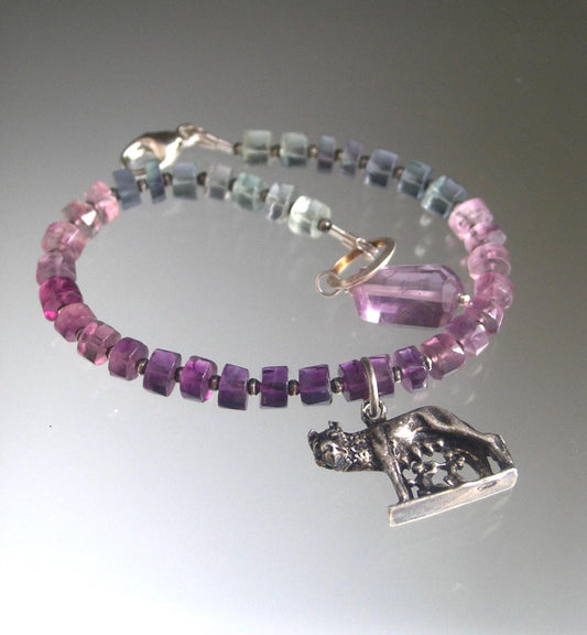 Fluorite Bracelet w/ Vintage Sterling Romulus & Remus Wolf Charm