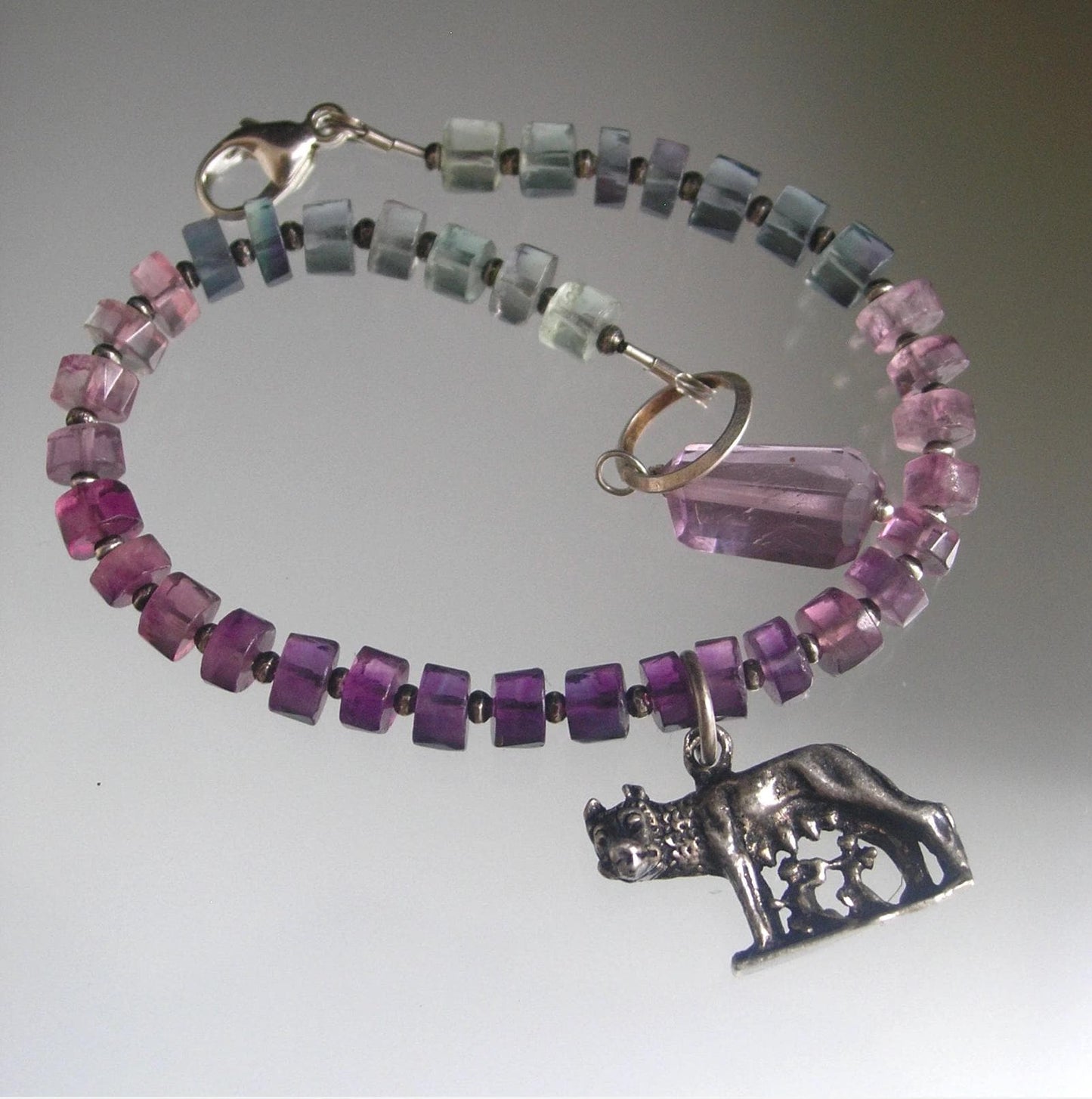 Fluorite Bracelet w/ Vintage Sterling Romulus & Remus Wolf Charm