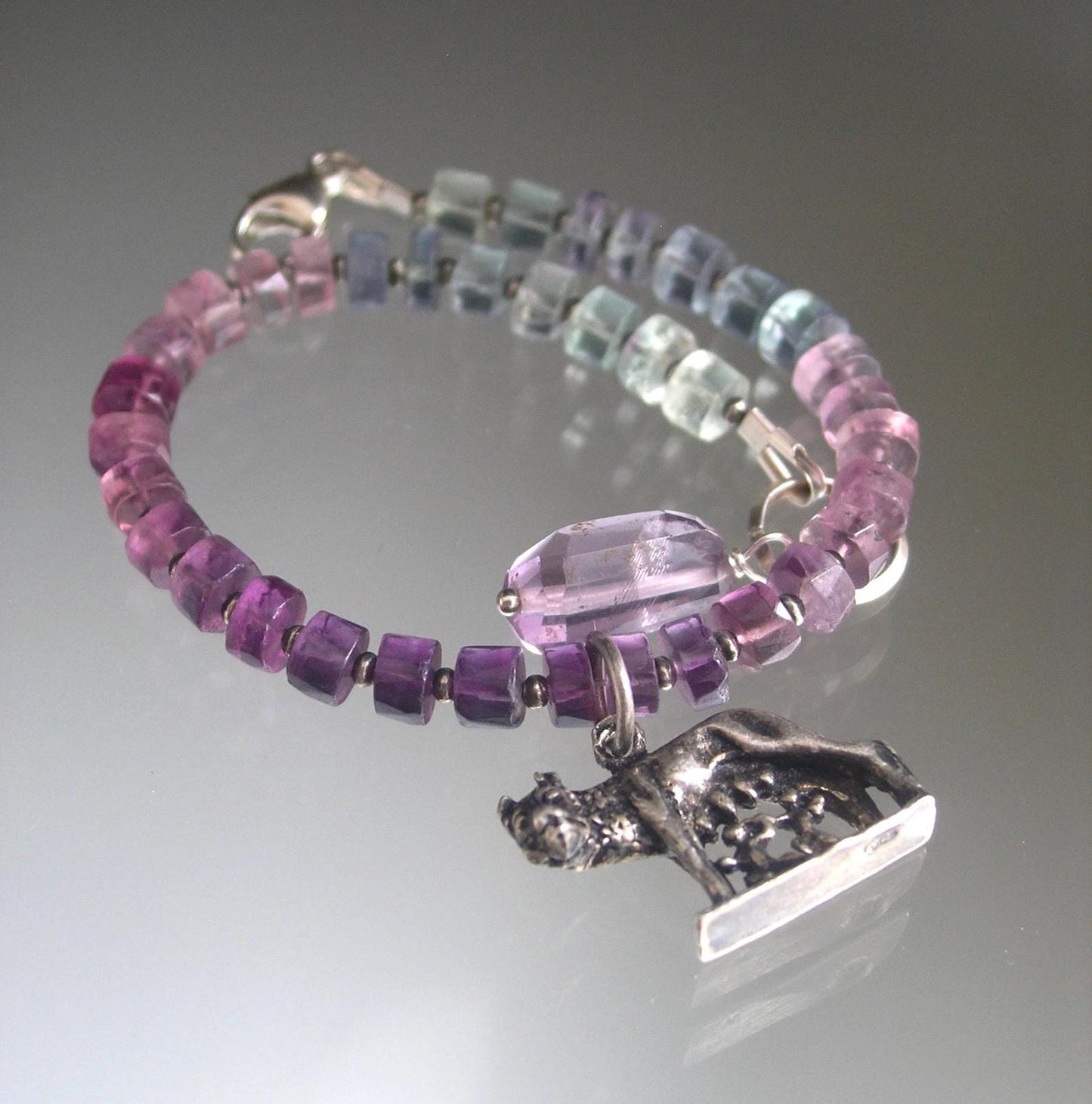Fluorite Bracelet w/ Vintage Sterling Romulus & Remus Wolf Charm