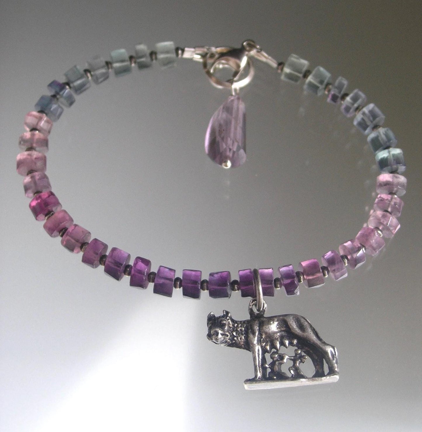 Fluorite Bracelet w/ Vintage Sterling Romulus & Remus Wolf Charm