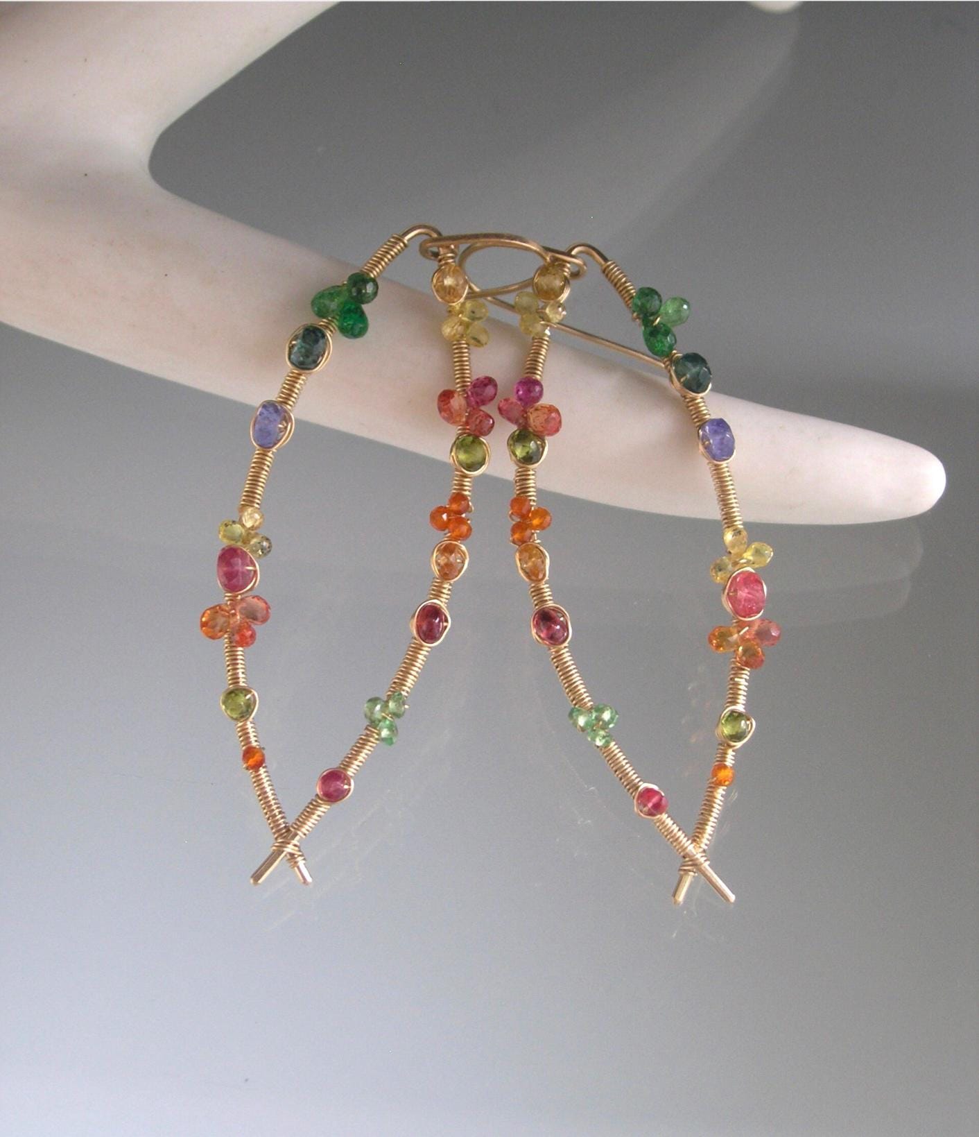 Colorful Multi Gemstone Almond Hoop Earrings in 14k Gold Fill