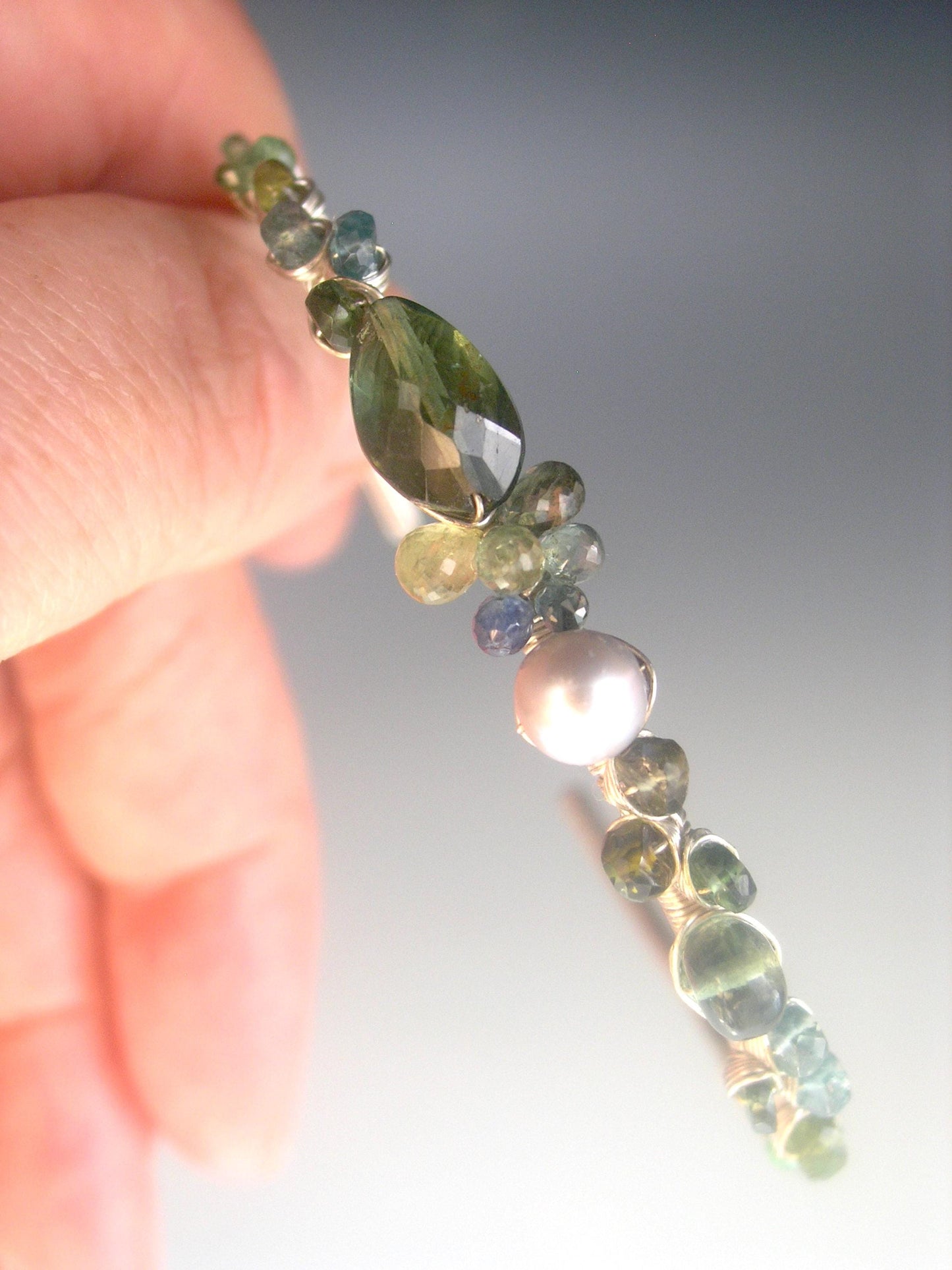 Green Sapphires Apatite Sterling Hand Forged Cuff