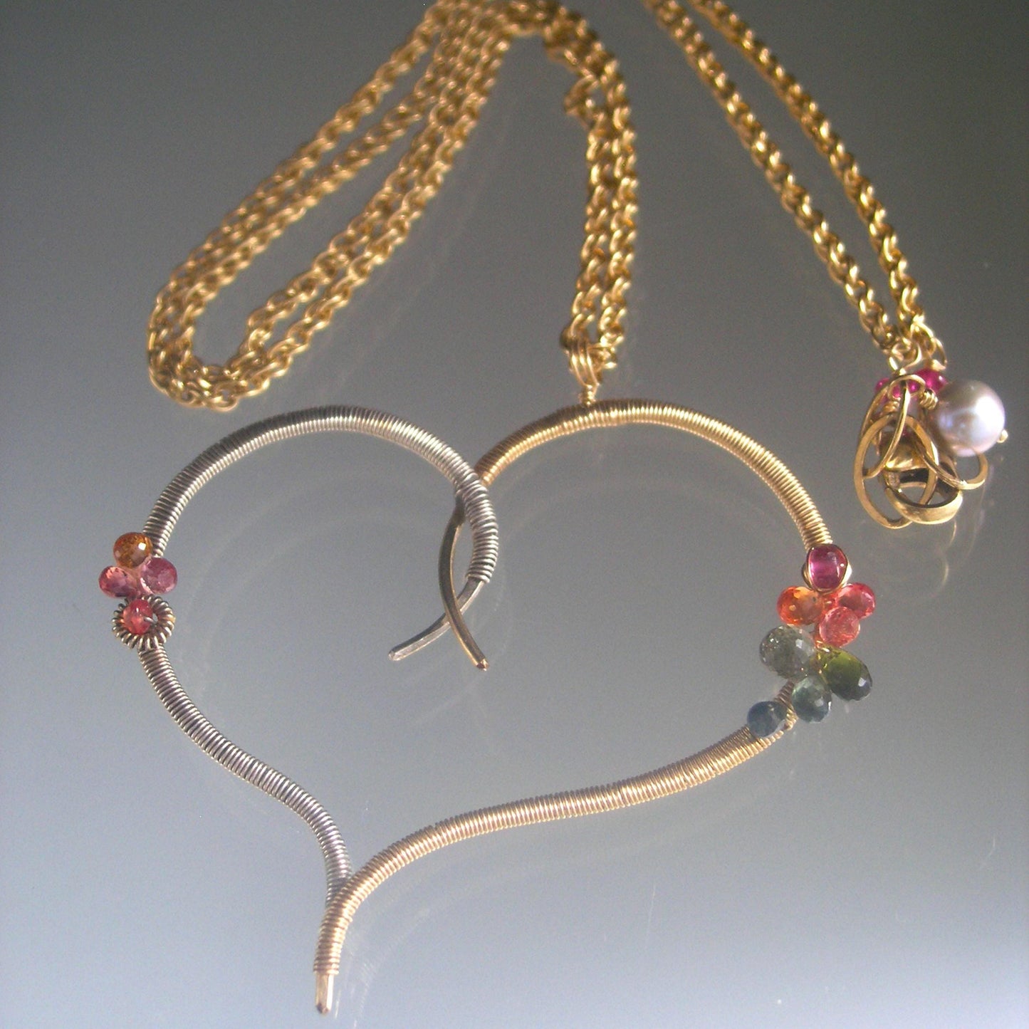 Stylized Heart Pendant Mixed Metal Sapphire Necklace