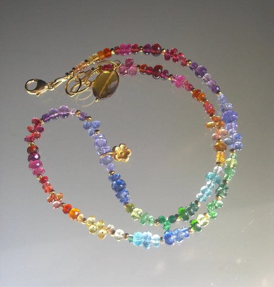 Rainbow Gemstone Vermeil Beaded Choker Necklace w/ Flower Charm
