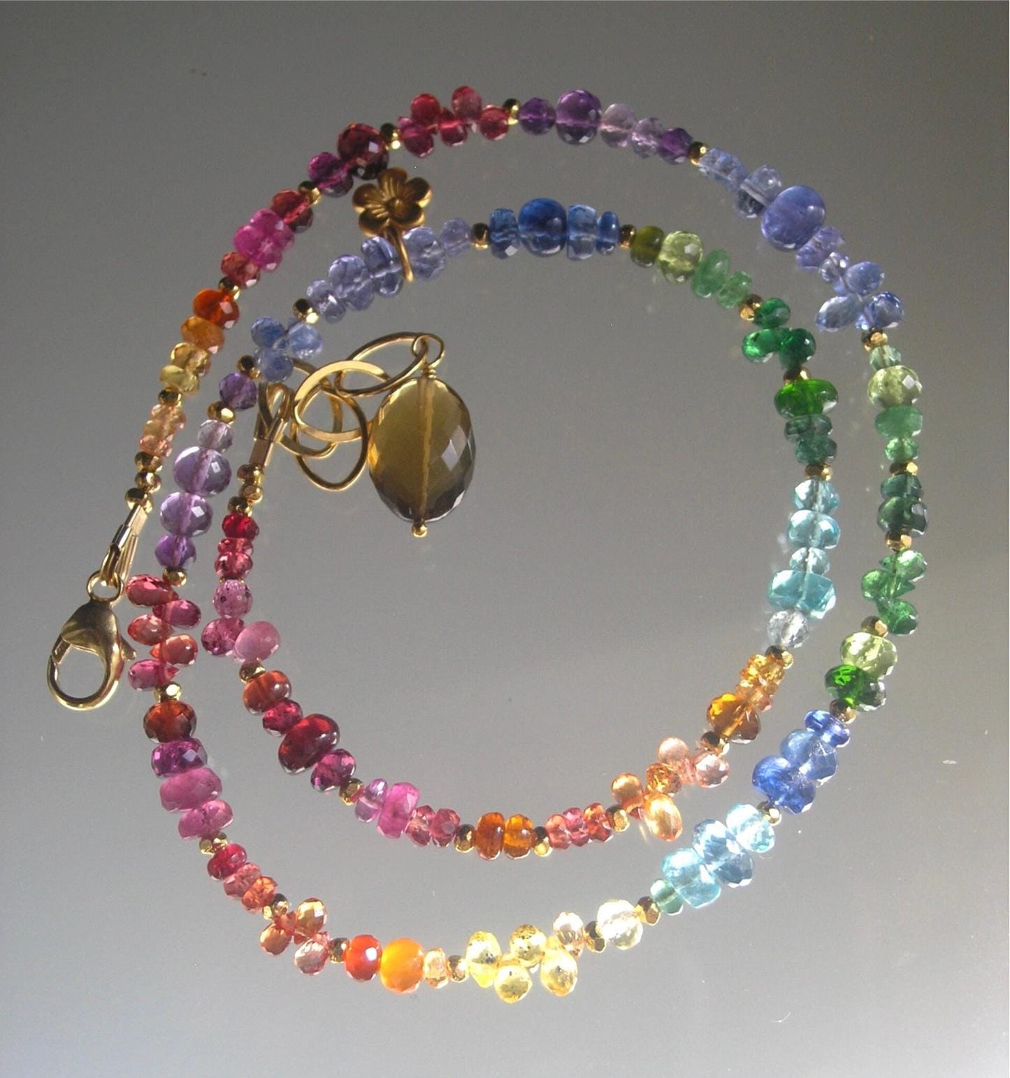 Rainbow Gemstone Vermeil Beaded Choker Necklace w/ Flower Charm