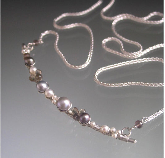 Sterling Silver Pearl Bar Necklace w/ Sapphires