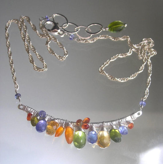 Multi Gemstone Sterling Curved Bar Necklace