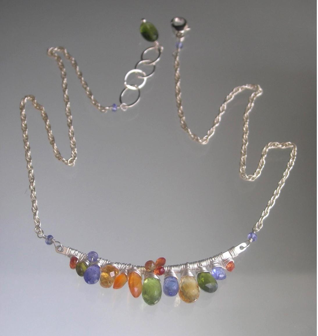 Multi Gemstone Sterling Curved Bar Necklace