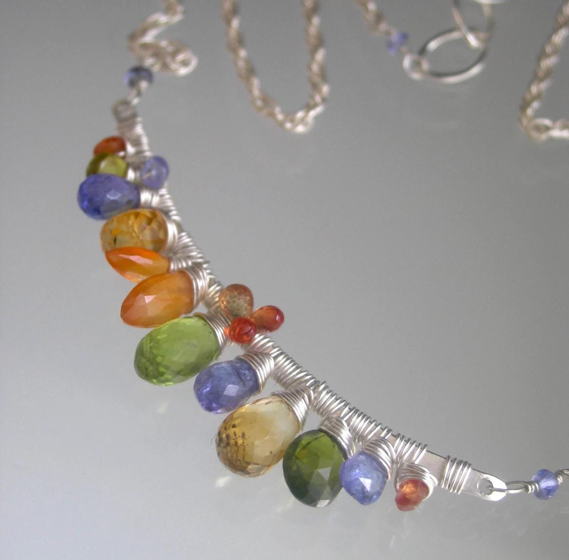 Multi Gemstone Sterling Curved Bar Necklace