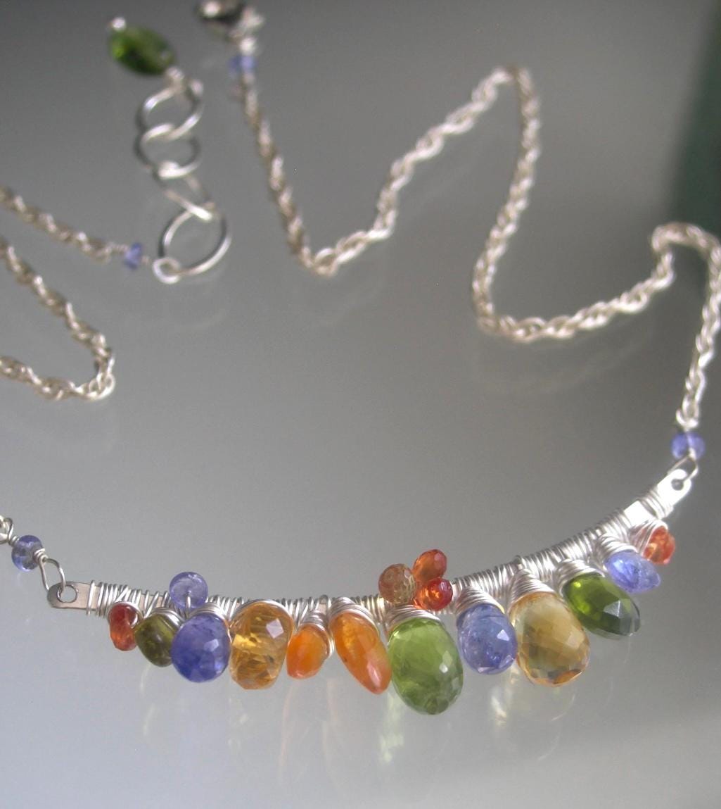 Multi Gemstone Sterling Curved Bar Necklace