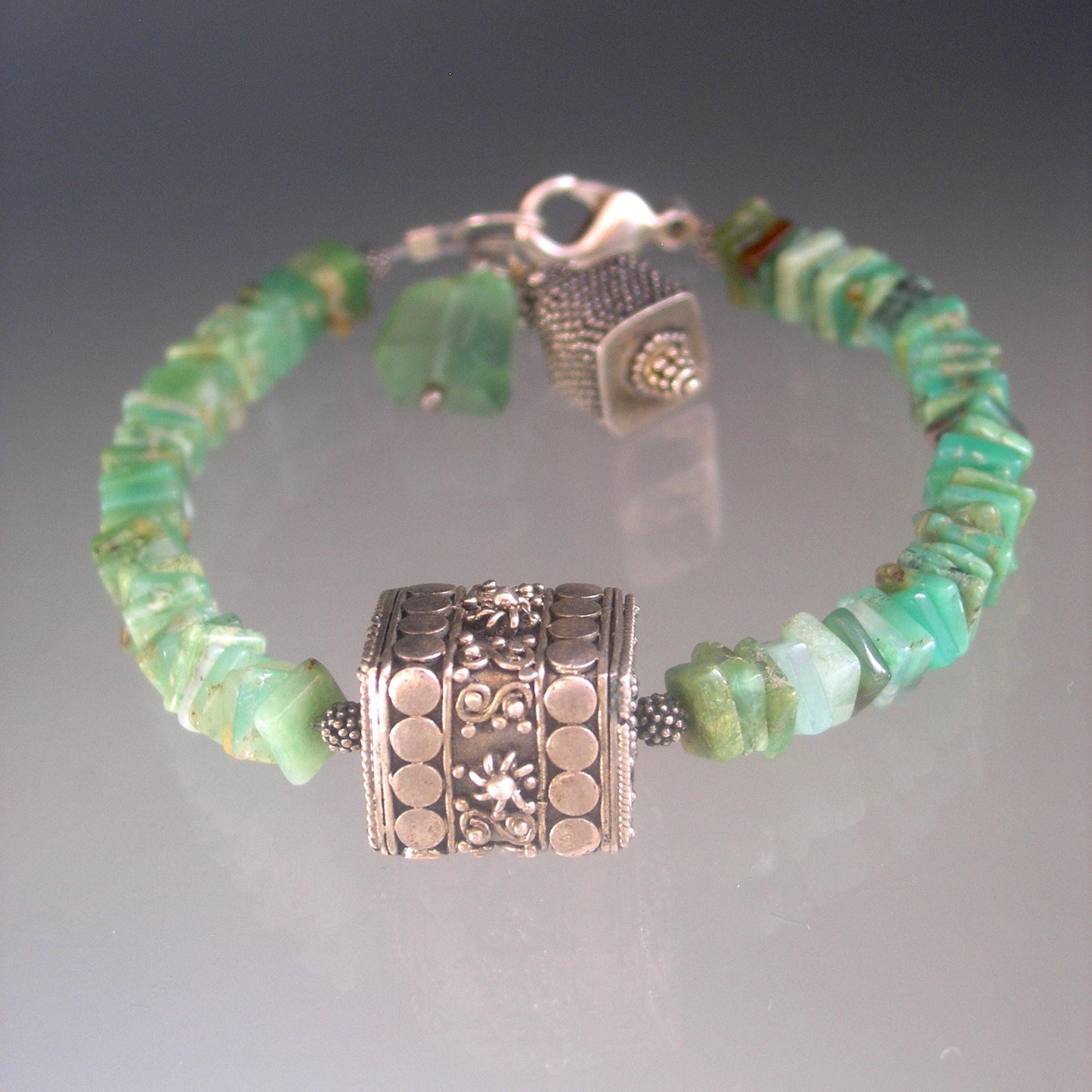 Chrysoprase and Sterling Silver Chunky Bracelet w/ Large Bali Ornate Bead