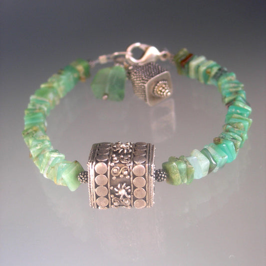 Chrysoprase and Sterling Silver Chunky Bracelet w/ Large Bali Ornate Bead